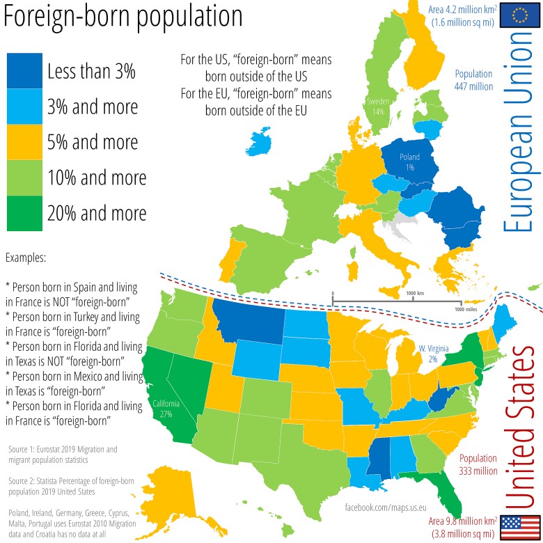 Procent imigrantów w krajach europejskich i poszczególnych stanach USA (urodzonych za granicą), 2019