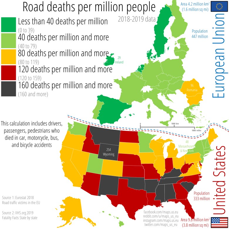 Liczba śmiertelnych wypadków drogowych na 1 milion osób w Europie i USA, 2018-2019
