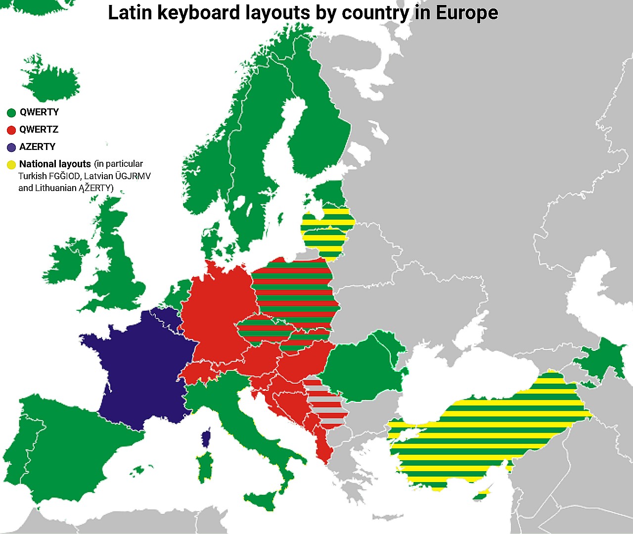 Mapa układów klawiatury łacińskiej w Europie