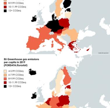 Emisja CO2 na osobę w krajach europejskich, 1999 i 2019