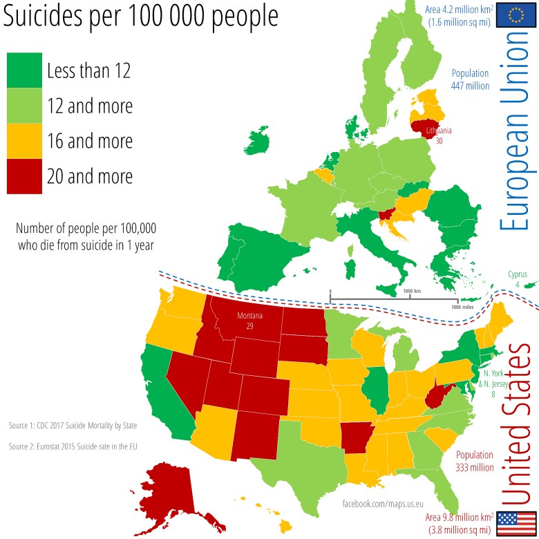 Wskaźnik samobójstw w UE i USA, 2015-2017