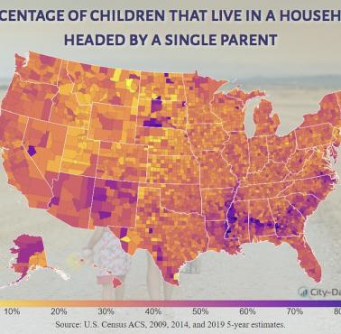 Procent samotnych rodziców (najczęściej matek) w poszczególnych stanach USA, 2009, 2014