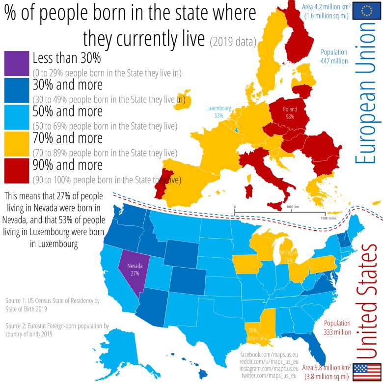 Procent osób urodzonych w stanie USA lub państwie, w którym obecnie mieszkają, dane z 2019 r. (migracje)
