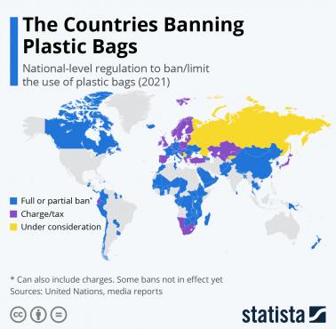 Kraje, które wprowadziły lub zamierzają wprowadzić zakazać użytkowania plastikowych toreb, 2021