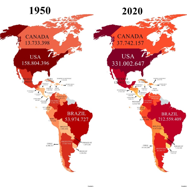 Wzrost populacji USA od 1950 roku do 2020