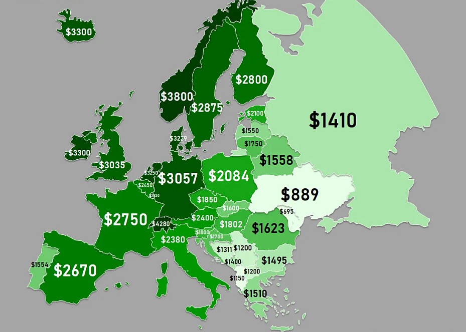 Średnia płaca w Europie, 2020