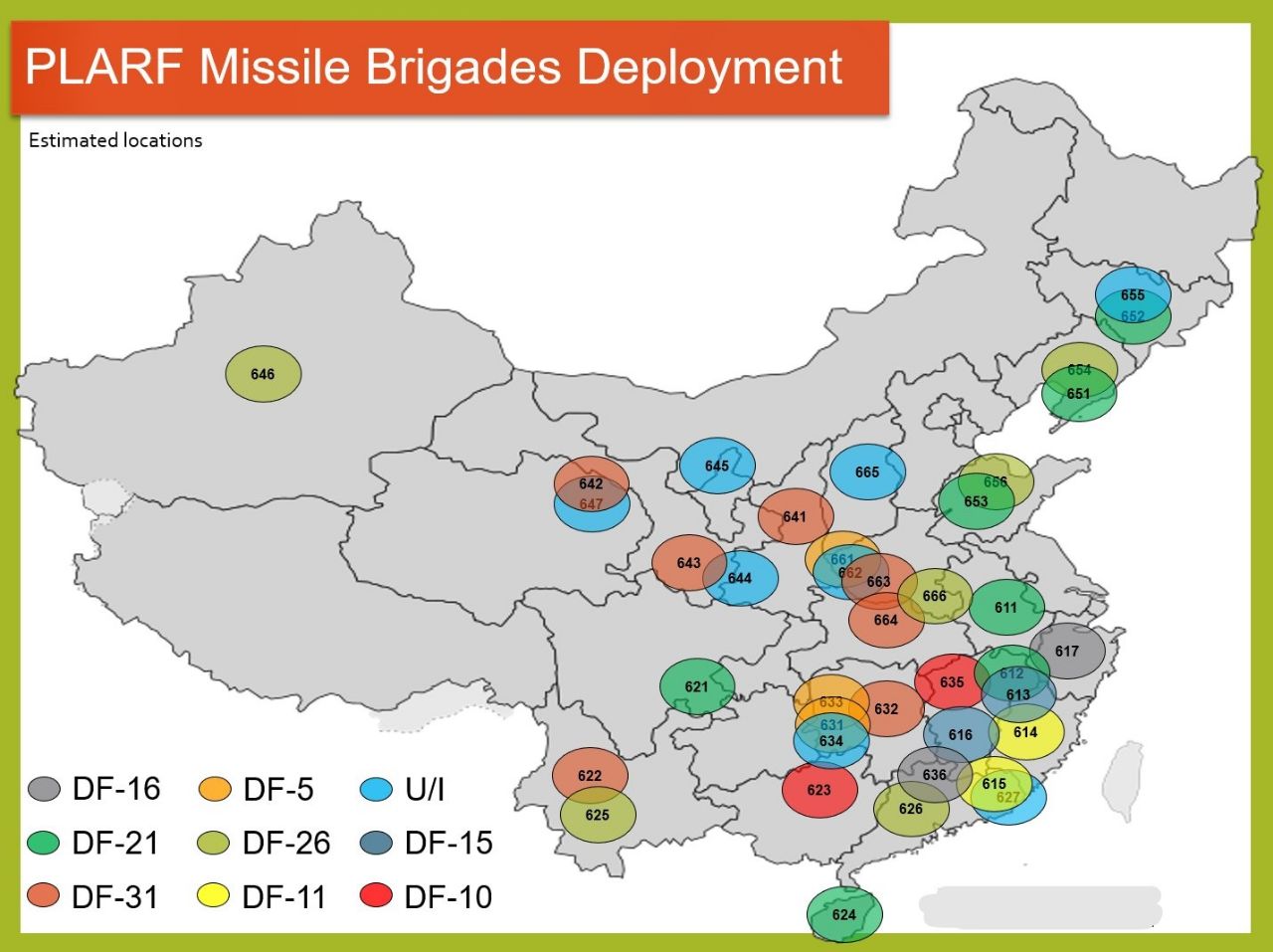 Rozmieszczenie chińskich brygad rakietowych. Siły Rakietowe Chińskiej Armii Ludowo-Wyzwoleńczej (PLARF)