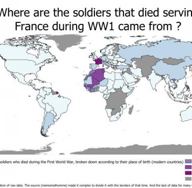 Liczba żołnierzy francuskich, którzy zginęli podczas I wojny światowej, z podziałem według miejsca urodzenia (kraje współczesne)