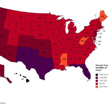 Odsetek osób, które identyfikują się jako "dwie lub więcej ras" według stanu USA