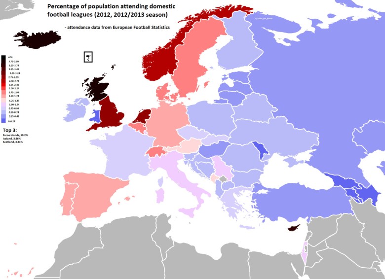 Procent mieszkańców państw europejskich, która chodzi na mecze piłki nożnej, 2012-2013