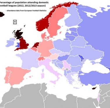 Procent mieszkańców państw europejskich, która chodzi na mecze piłki nożnej, 2012-2013