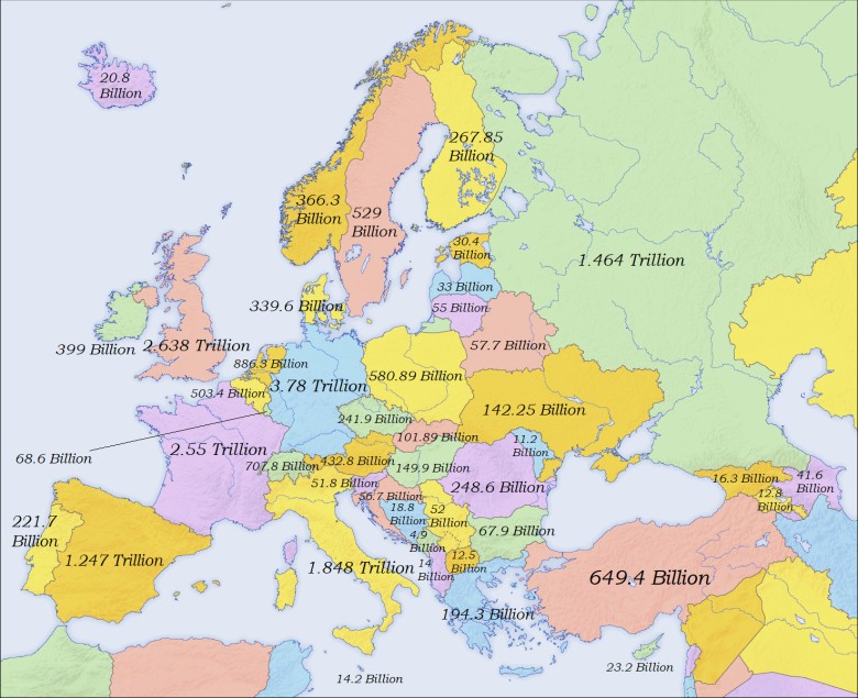 PKB (w dolarach) każdego z krajów europejskich w 2020 roku