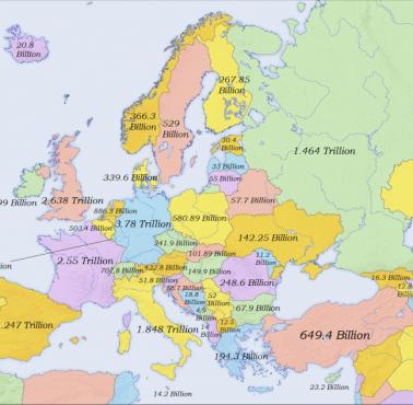 PKB (w dolarach) każdego z krajów europejskich w 2020 roku