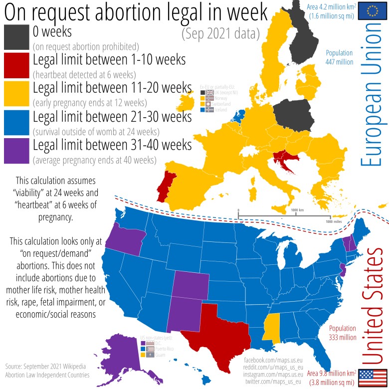 Aborcja na żądanie legalna w tygodniu X ciąży w USA i UE, wrzesień 2021