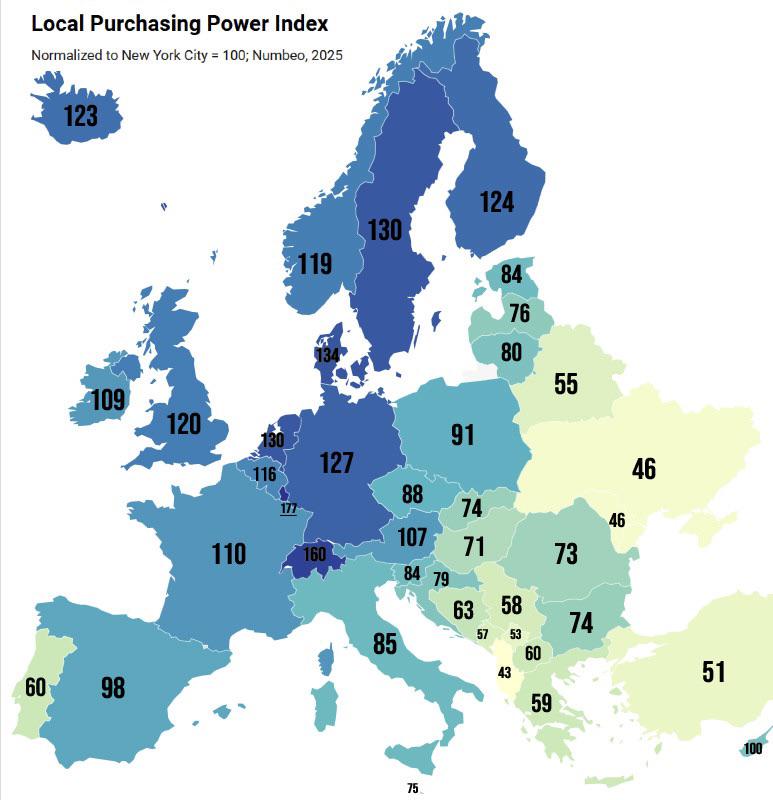 Kraje europejskie według siły nabywczej, 2025