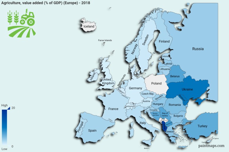 Rolnictwo, jako procent PKB w poszczególnych krajach Europy, 2018