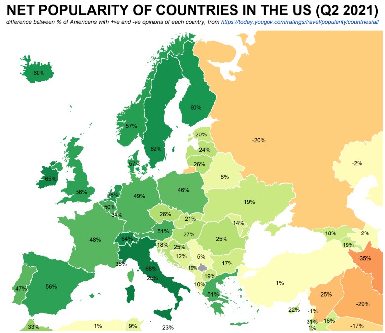 Wzrost lub spadek pozytywnych opinii netto względem jakiegoś kraju w USA, 2 połowa 2021