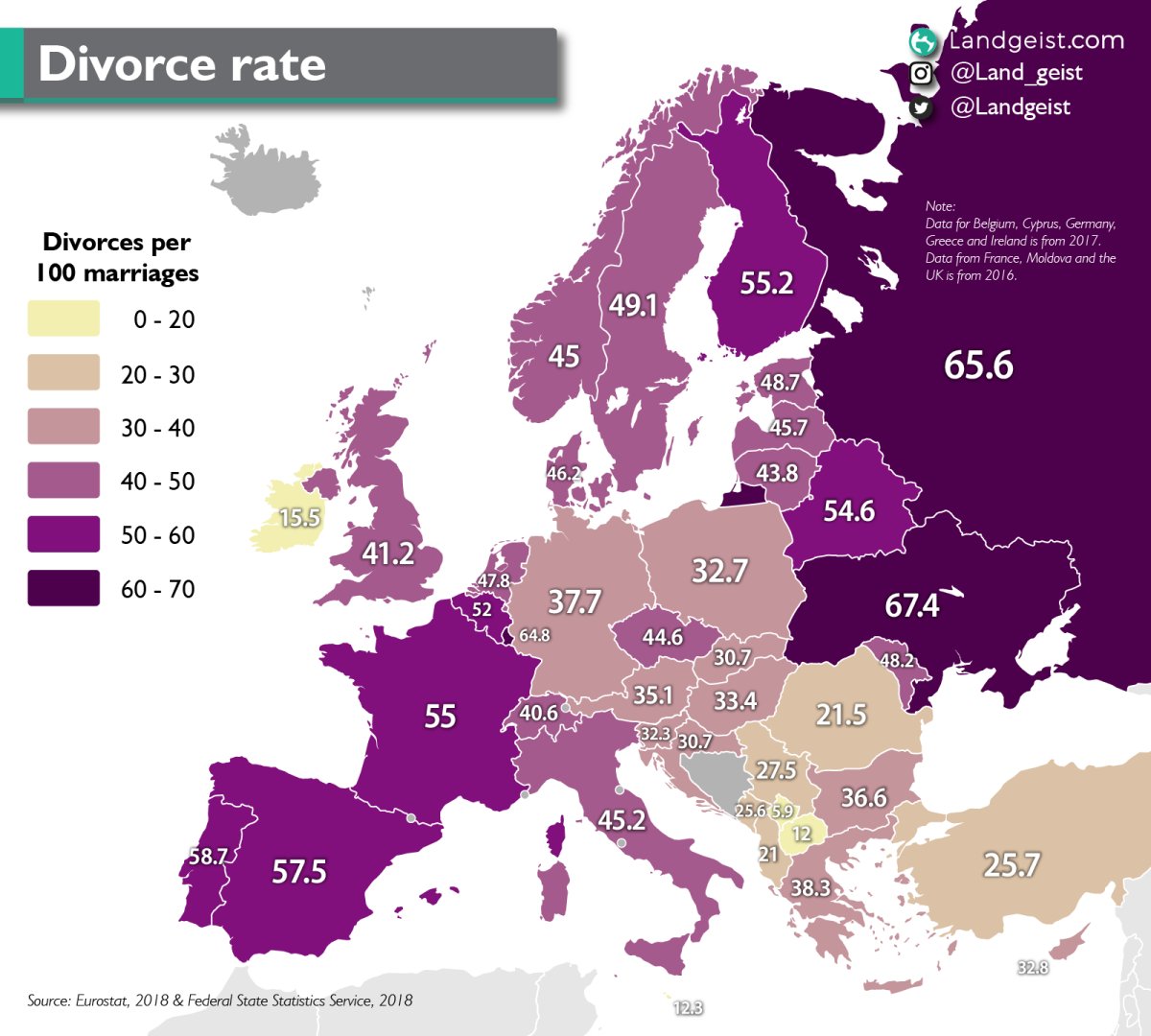 Wskaźniki rozwodów w Europie na 100 zawartych małżeństw w 2018 roku