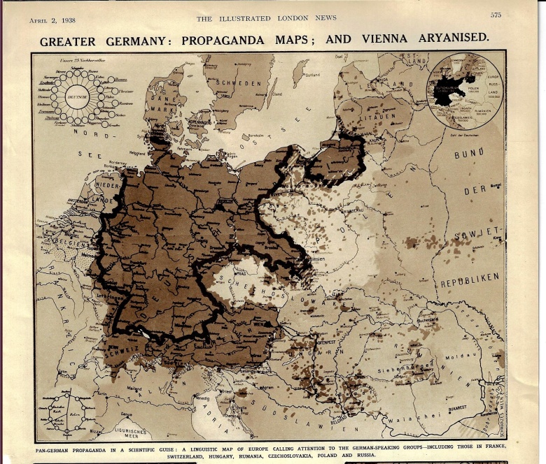 Niemiecka mapa z 1939 roku z zaznaczonymi obszarami, gdzie znajdują się Niemcy