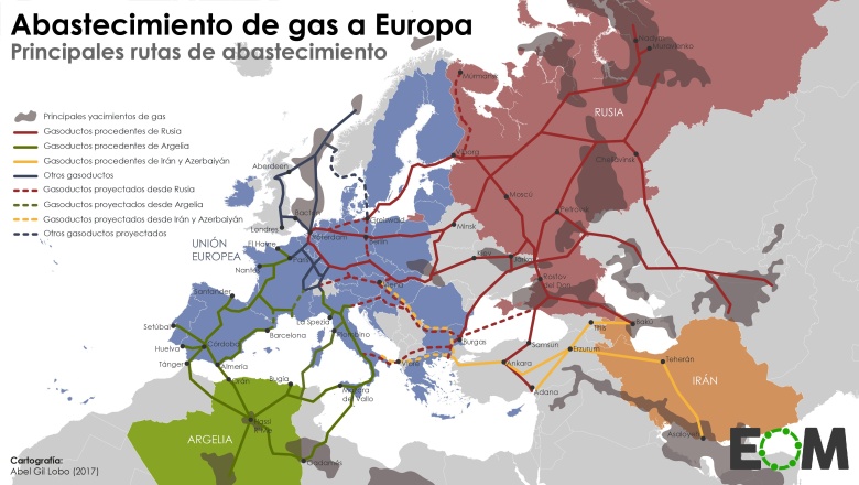 Mapa europejskiej sieci gazowej oraz główni dostawcy, 2017