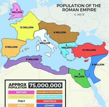 Imperium Rzymskie z podziałem na potencjał ludnościowy, 165 rok n.e.