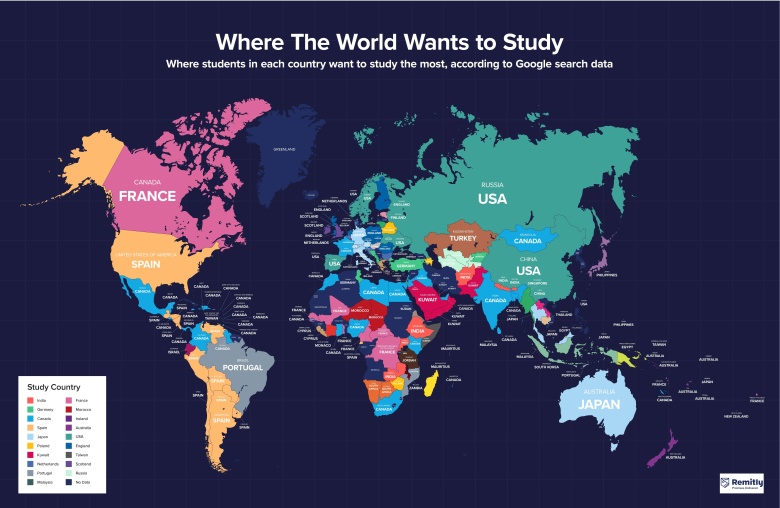 Gdzie studenci w poszczególnych krajach chcą studiować. Dane wg. wyszukiwań Googla (w Chinach Google jest blokowany)