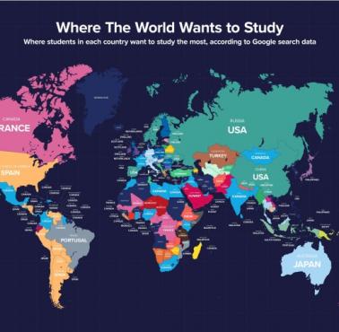 Gdzie studenci w poszczególnych krajach chcą studiować. Dane wg. wyszukiwań Googla (w Chinach Google jest blokowany)