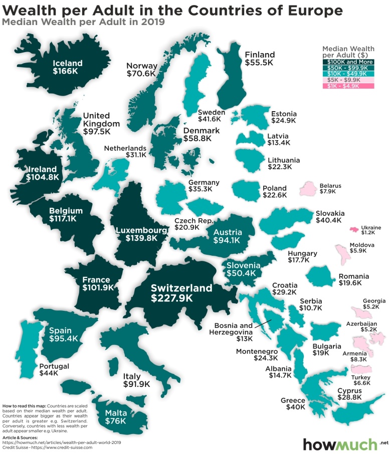 Mediana bogactwa na osobę dorosłą w Europie, 2019