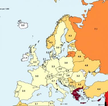 Kraje według liczby aktywnych żołnierzy (personelu wojskowego) na tysiąc mieszkańców w Europie