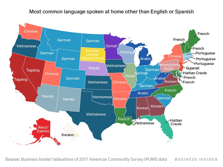 Najpopularniejszy język używany w domu inny niż angielski lub hiszpański w poszczególnych stanach USA, 2017