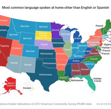 Najpopularniejszy język używany w domu inny niż angielski lub hiszpański w poszczególnych stanach USA, 2017