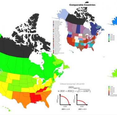 Wskaźnik rozwoju społecznego IHDI według stanów USA i prowincji kanadyjskich