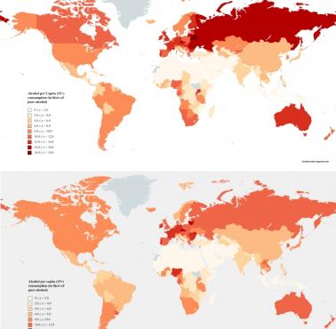 Konsumpcja alkoholu na świecie na osobę w 2011 (góra) i 2016 (dół) roku