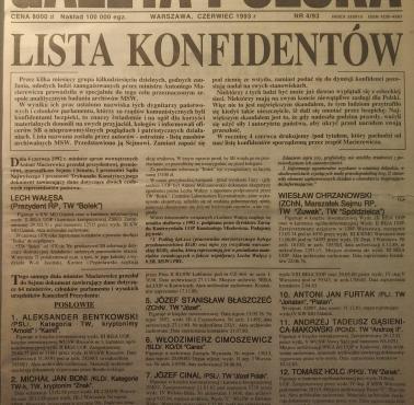 "Gazeta Polska" z czerwca 1993 z listą konfidentów