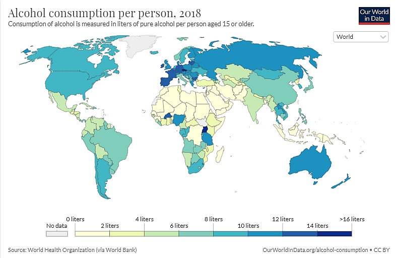 Konsumpcja alkoholu na osobę w poszczególnych państwach świata, 2018