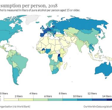 Konsumpcja alkoholu na osobę w poszczególnych państwach świata, 2018