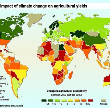 Prognozowany wpływ zmian klimatycznych na plony rolne do 2080 (w porównaniu do 2003)