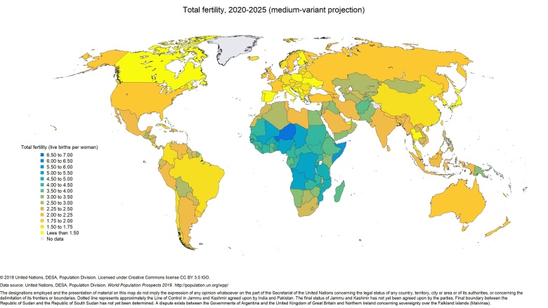 Prognoza ONZ dzietności kobiet w poszczególnych państwach świata w latach 2020-2025