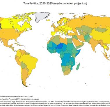 Prognoza ONZ dzietności kobiet w poszczególnych państwach świata w latach 2020-2025