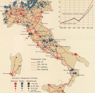 Mapa pokazująca miejsca produkcji energii elektrycznej (geoterma, wodna) we Włoszech w latach 60-tych