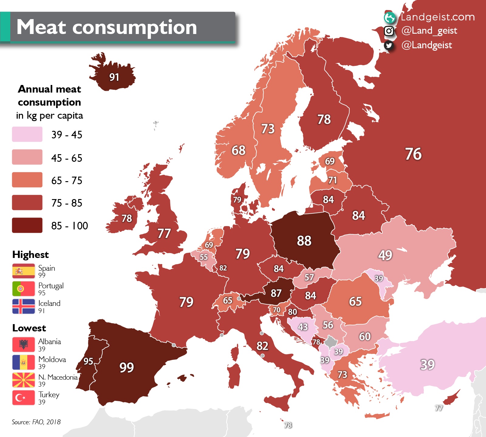 Roczne spożycie mięsa na mieszkańca w Europie, 2018