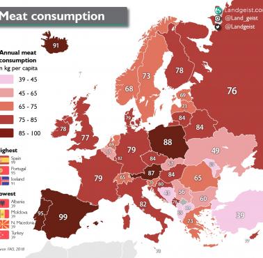 Roczne spożycie mięsa na mieszkańca w Europie, 2018