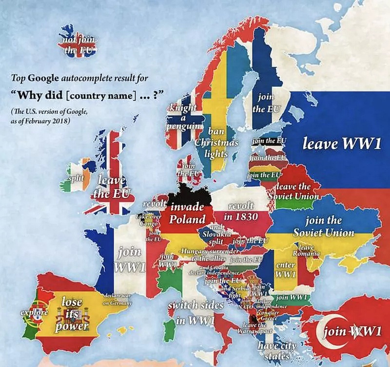Dlaczego [kraj europejski] ... według Googla, 2018