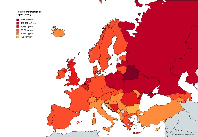 Konsumpcja ziemniaków w Europie na głowę, 2016