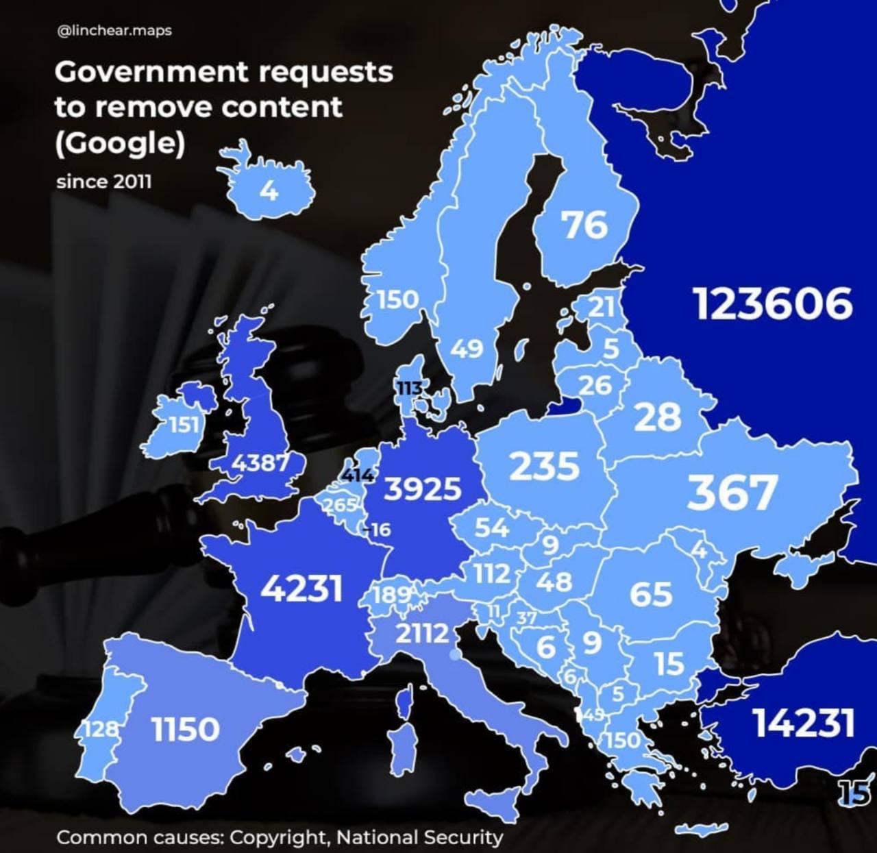 Liczba wniosków rządowych o usunięcie treści w Google, od 2011 roku