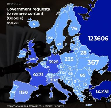 Liczba wniosków rządowych o usunięcie treści w Google, od 2011 roku