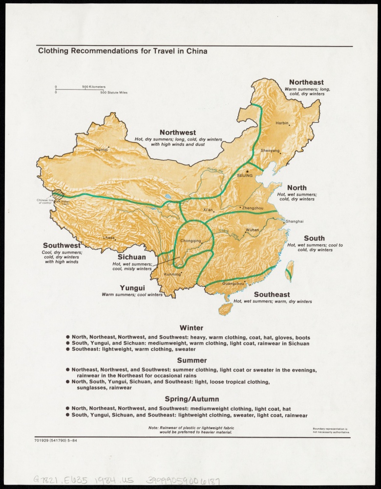 Sugestie doboru odzieży w trakcie podróży po Chinach (dostosowanie do klimatu), dane CIA, 1984