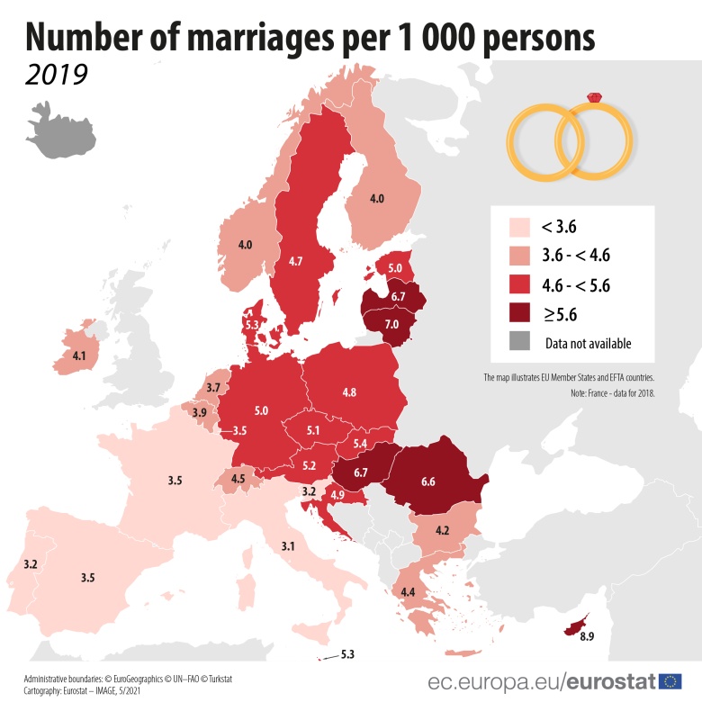 Odsetek małżeństw na 1000 osób, 2019