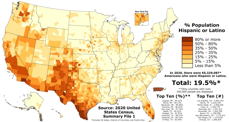 Odsetek Latynosów w USA z podziałem na hrabstwa, 2020