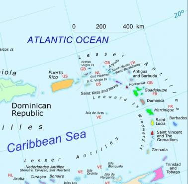 Mapa Karaibów (Małe Antyle) z podziałem na przynależność państwową